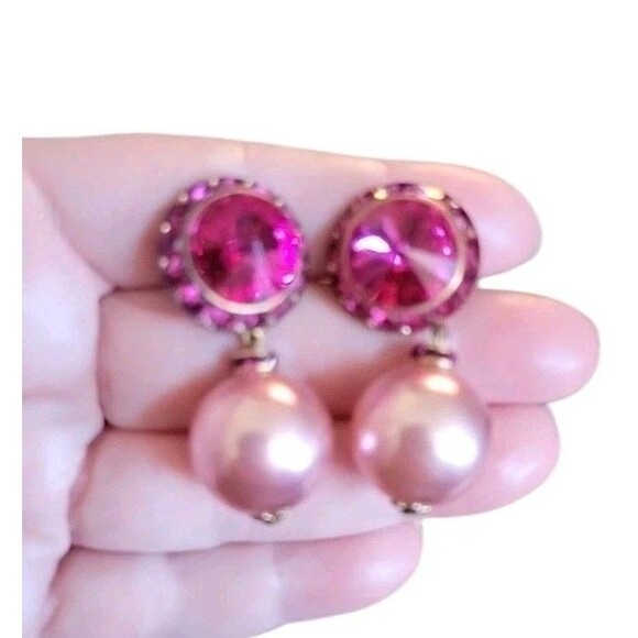 Huge Pink Rhinestone Bobble Faux Pearl Statement HOT PINK Pierced Earrings - Picture 3 of 9